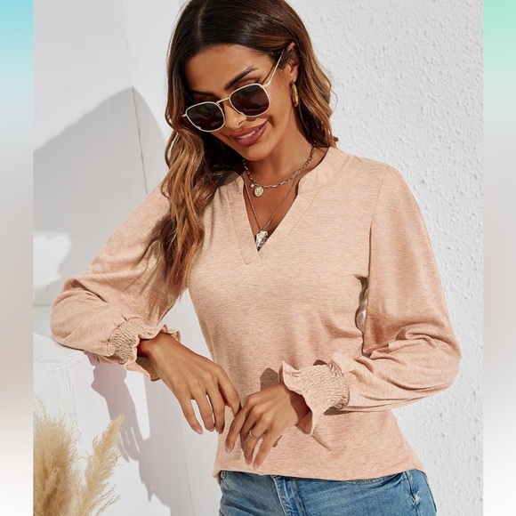 Romanstii Women's Casual V-Neck Tee Loose Puff Long Sleeve Tops Tunic Blouses - Picture 5 of 12